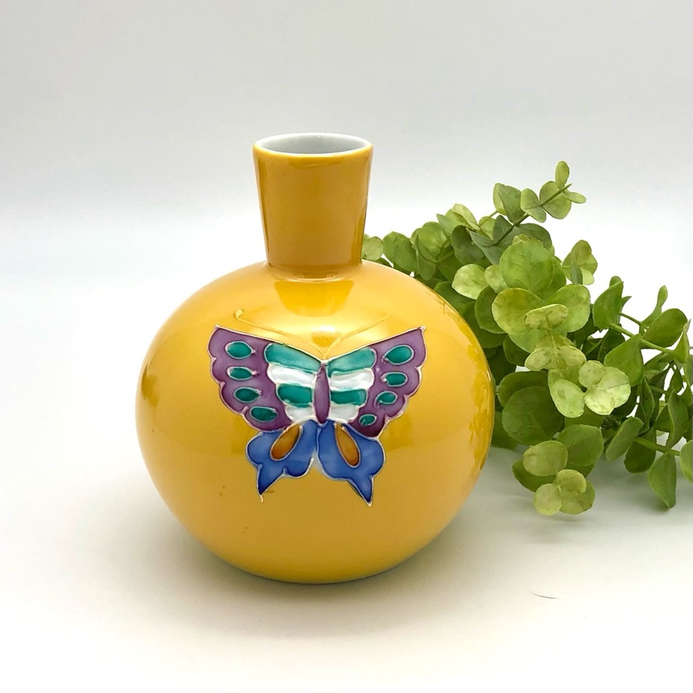 Vintage Bud Vase Kyoto Ware Kiyomizu Yellow Cochin Qing Fengsaku Butterfly